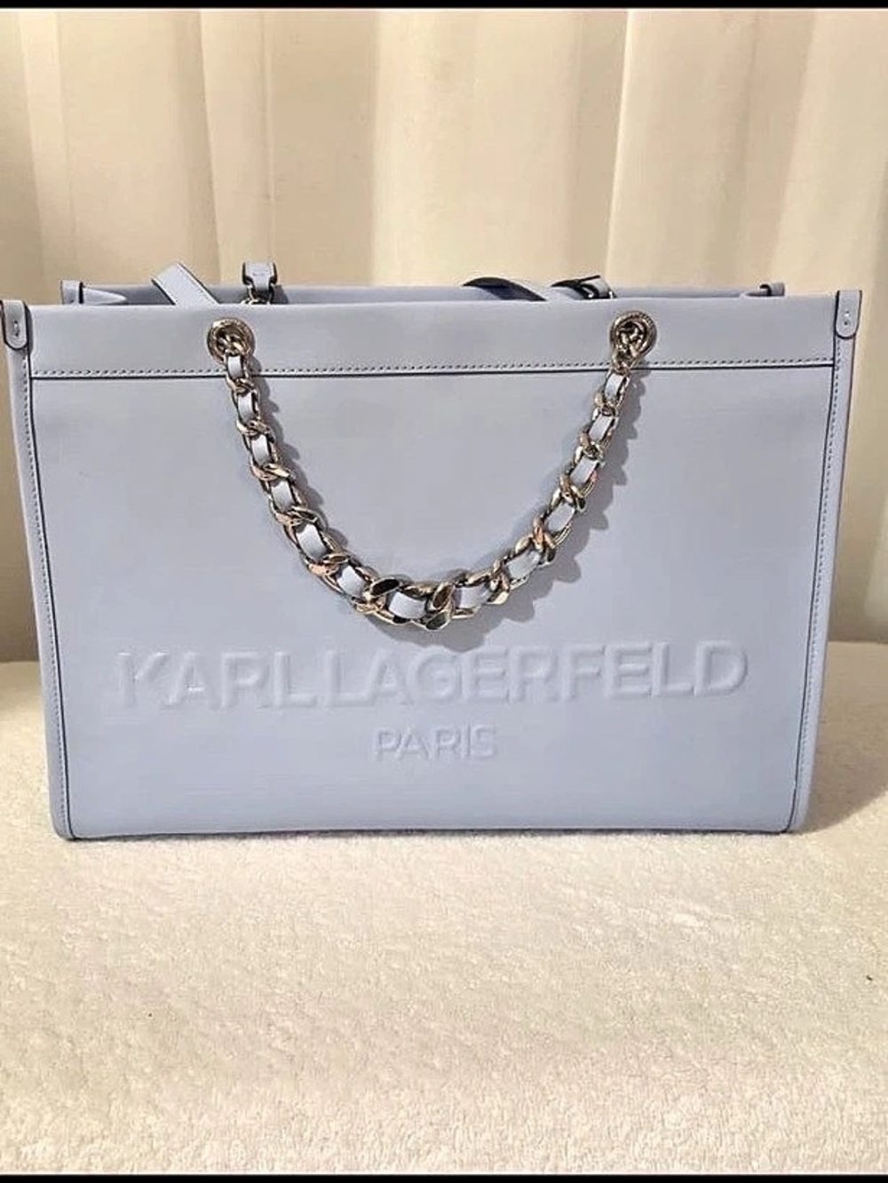 KARL LAGERFELD PARIS Savoie Large Leather Tote Bag Leather Tote in Blue Like New